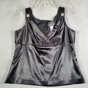 Alex Evenings Y2K Babydoll Tank Womens L Black Satin VNeck Rhinestone Whimsigoth